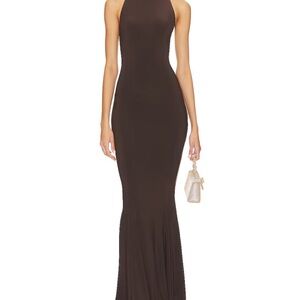 Norma Kamali Halter Turtle Fishtail Gown in Chocolate